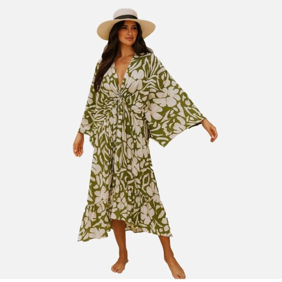 Tropical Floral Maxi Dress | Green White | L/XL | Resort Kimono Sleeve - Picture 1 of 11